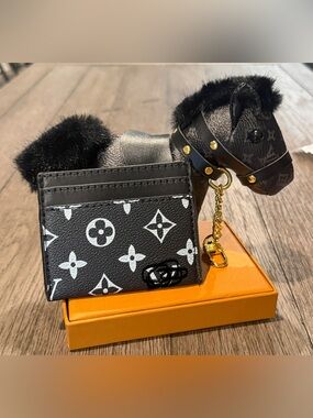 Designer-Inspired Black Monogram Card Holder with Keychain